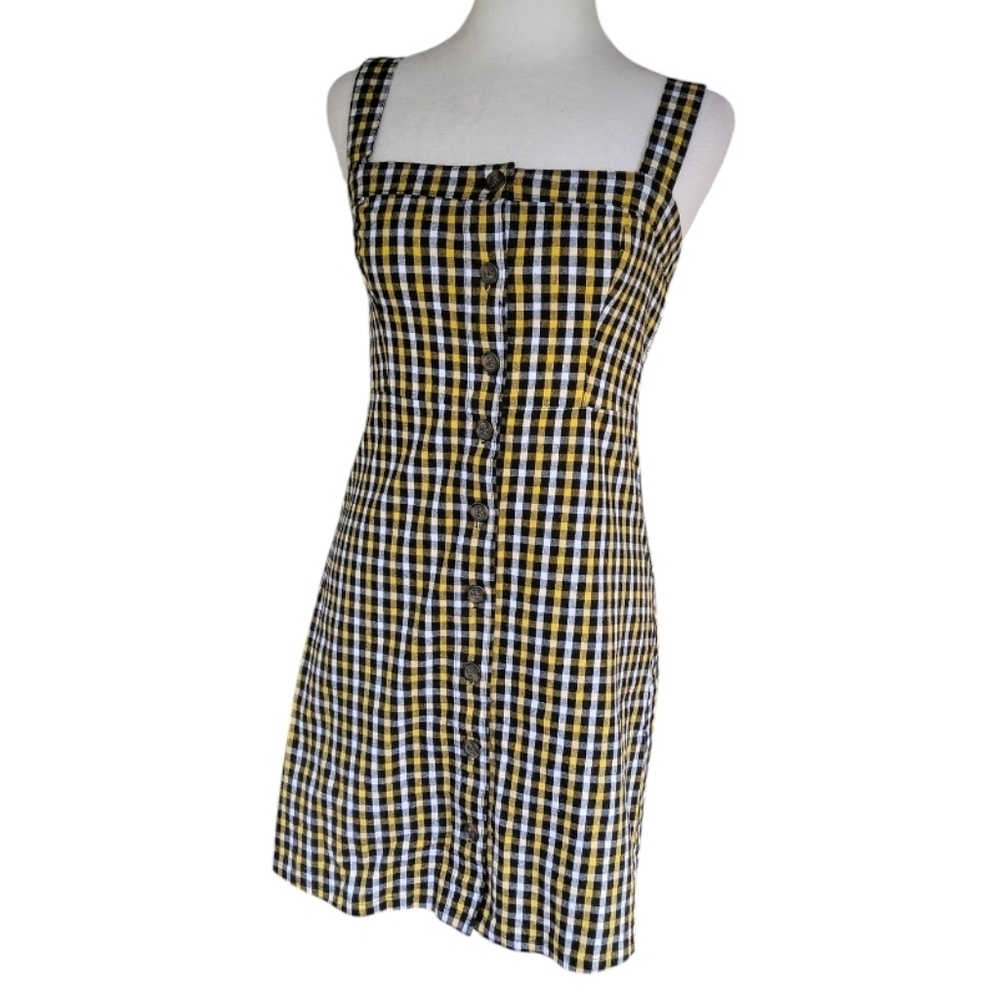 Hollister Button Front Yellow, Black, & White Plaid Dress Size XS